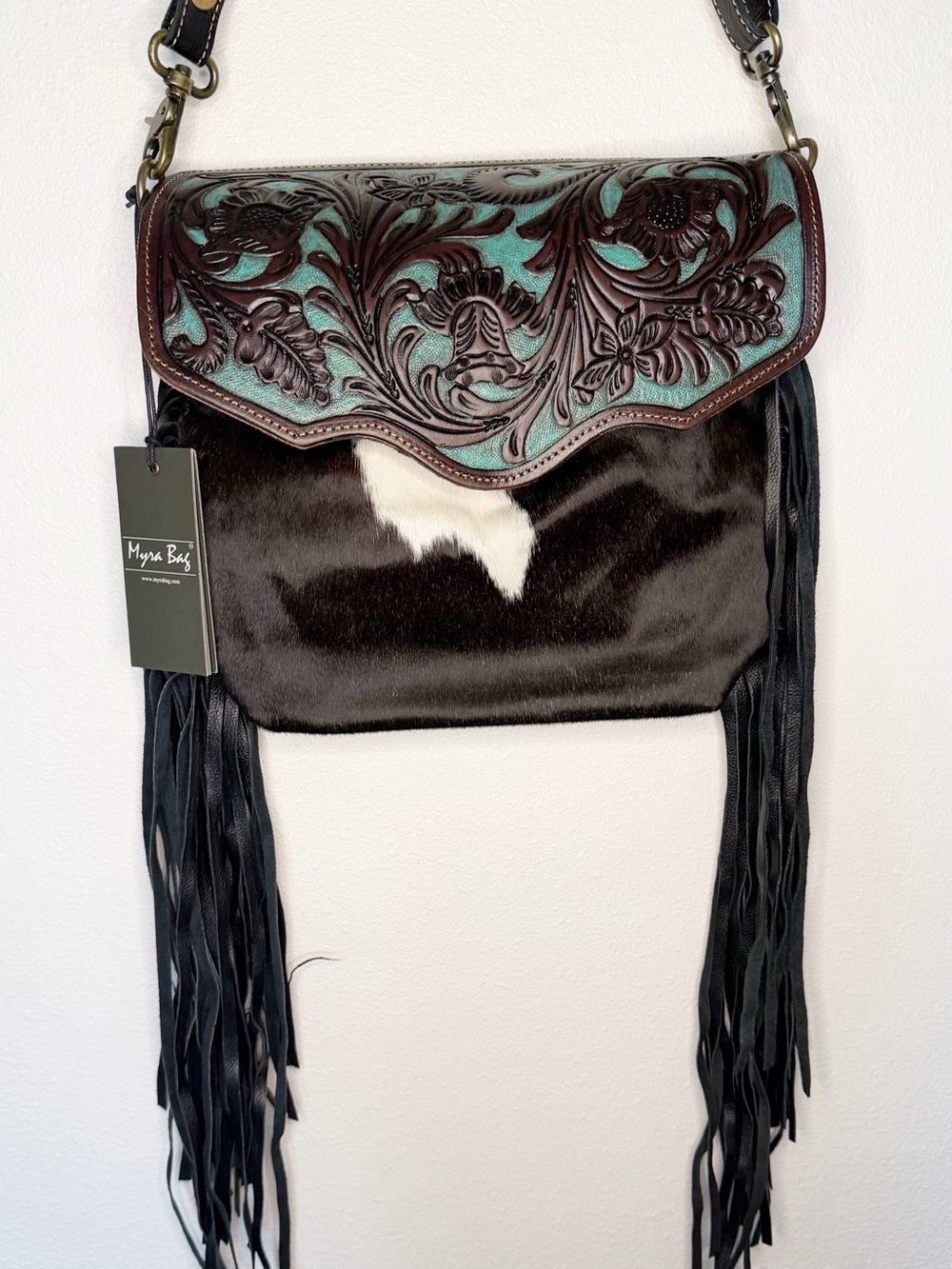 Myra Bag Black Hair-on Hide Crossbody with Turquoise Tooled Flap